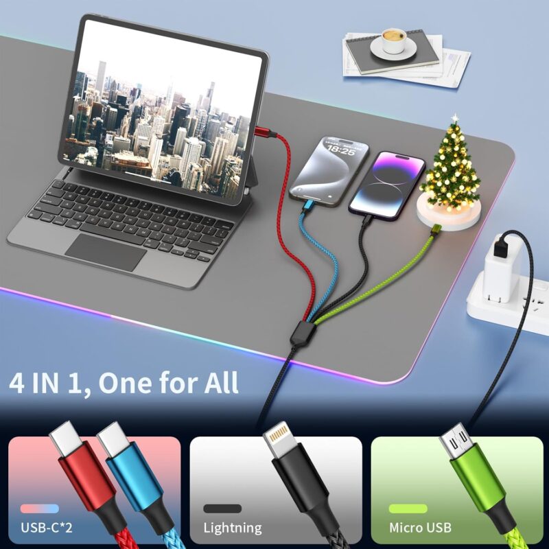 4 in 1 Multi Charging Cable [2Pack 5FT], Nylon Braided 4 in 1 Charging Cable, Multi Chargers for All Devices with IP/Type C/Type C/Micro Port, Compatible with Most Cell Phones/Tablets and More - Image 5