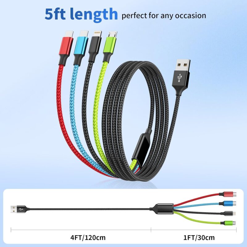 4 in 1 Multi Charging Cable [2Pack 5FT], Nylon Braided 4 in 1 Charging Cable, Multi Chargers for All Devices with IP/Type C/Type C/Micro Port, Compatible with Most Cell Phones/Tablets and More - Image 7
