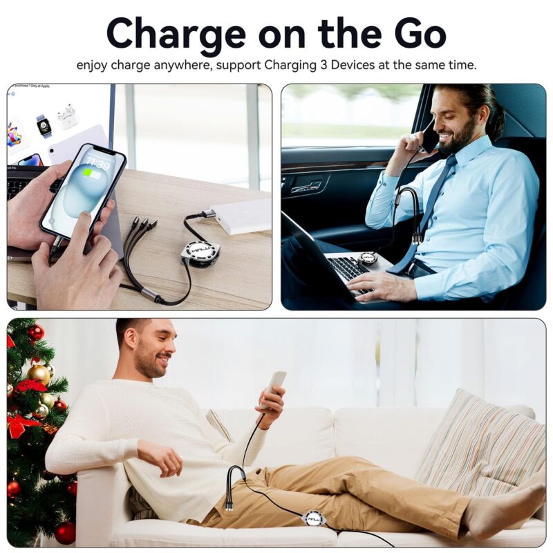 Multi Charging Cable 4A, 2Pack 4Ft Retractable Multi Fast Charger Cable, Multiple Charging Cord, 4 in 1 Multi USB Cable with Type C/Micro USB Ports for Cell Phones/IP/Galaxy/PS/Tablets/iPads - Image 5