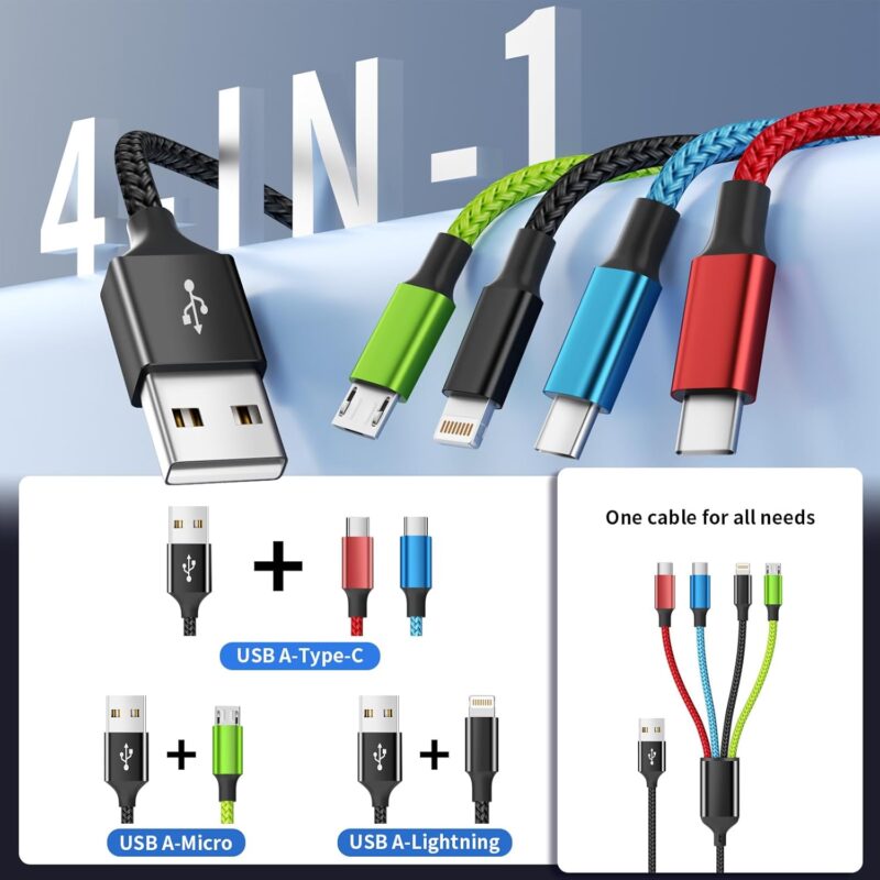 4 in 1 Multi Charging Cable [2Pack 5FT], Nylon Braided 4 in 1 Charging Cable, Multi Chargers for All Devices with IP/Type C/Type C/Micro Port, Compatible with Most Cell Phones/Tablets and More - Image 3