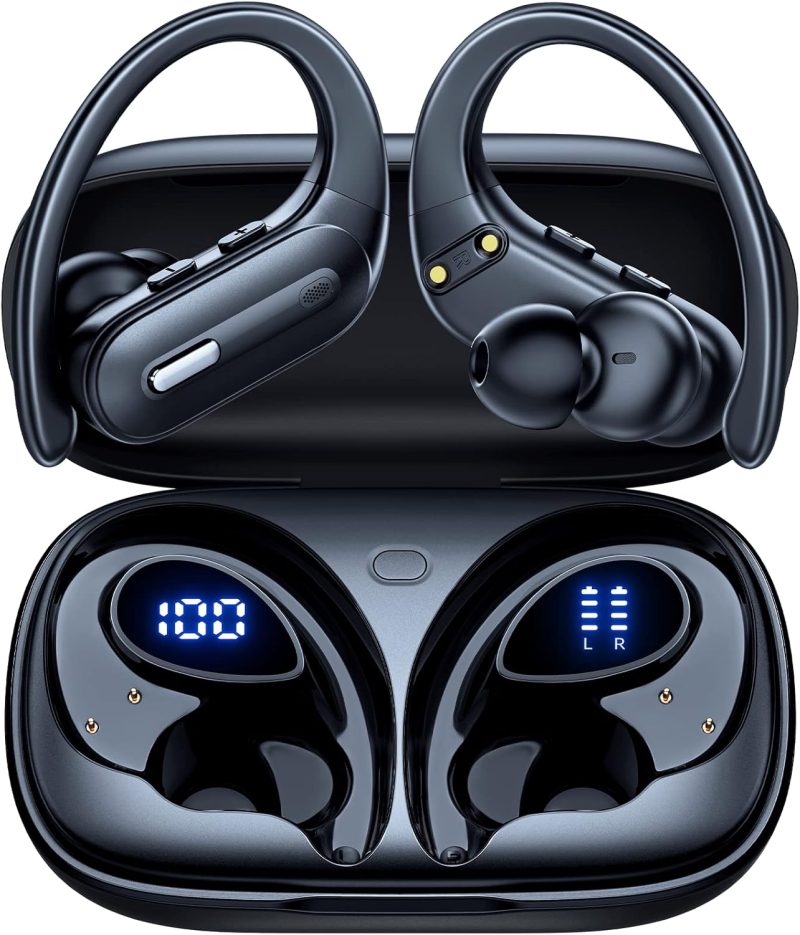 Wireless Earbuds ANC Noise Cancelling Bluetooth 5.3 Headphones 90 Hrs Playtime Earbuds with Wireless Charging Case Power Display Over-Ear Earphones with Earhooks Waterproof Stereo for Android Phone
